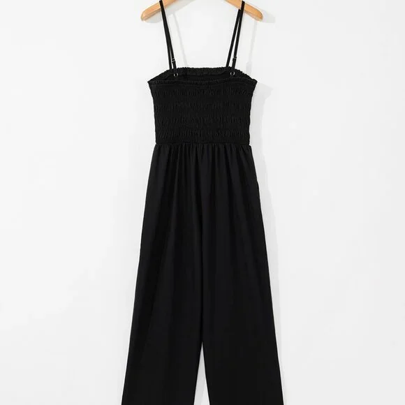 B249 Black Spaghetti Straps Shirred Bodice Pocketed Wide Leg Jumpsuit - Picture 8 of 16